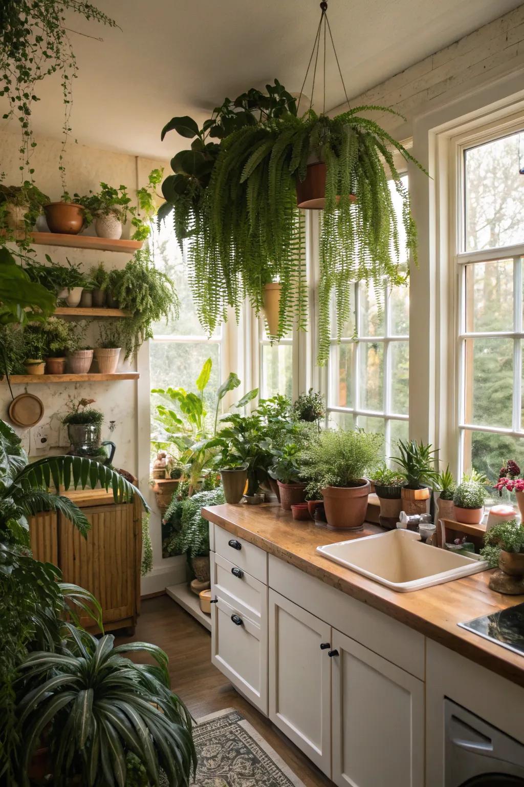 Greenery lending freshness to the grey and white kitchen