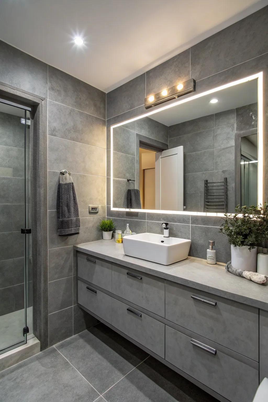 Glasses enhance radiance and area in the grey bathroom.