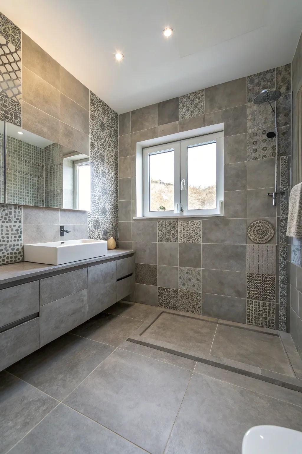 Grey tiles in assorted grains and extents infuse expanse to this modern lavatory.
