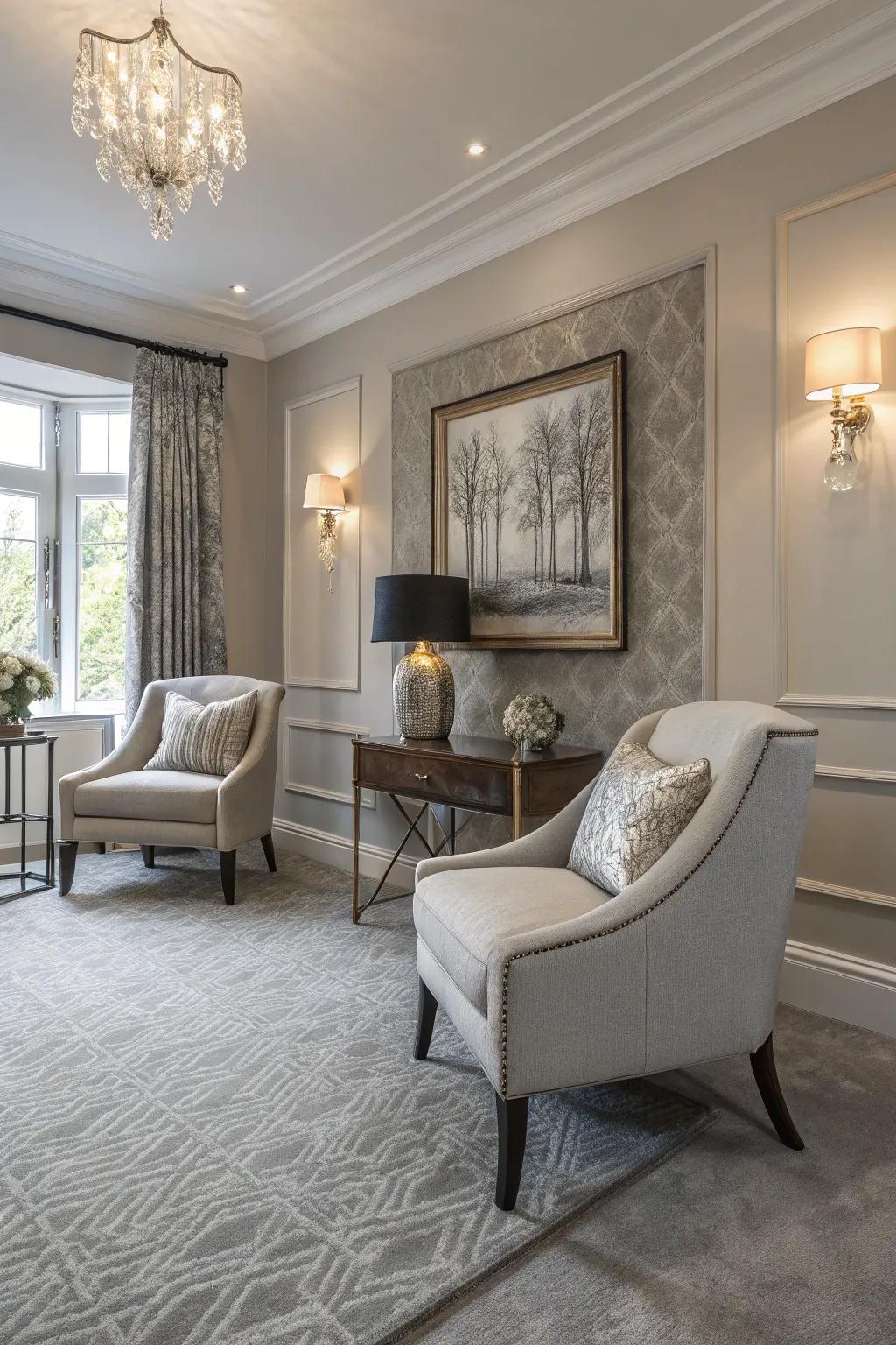 Grey-Beige walls offer an adaptable, neutral backdrop alongside grey carpets.