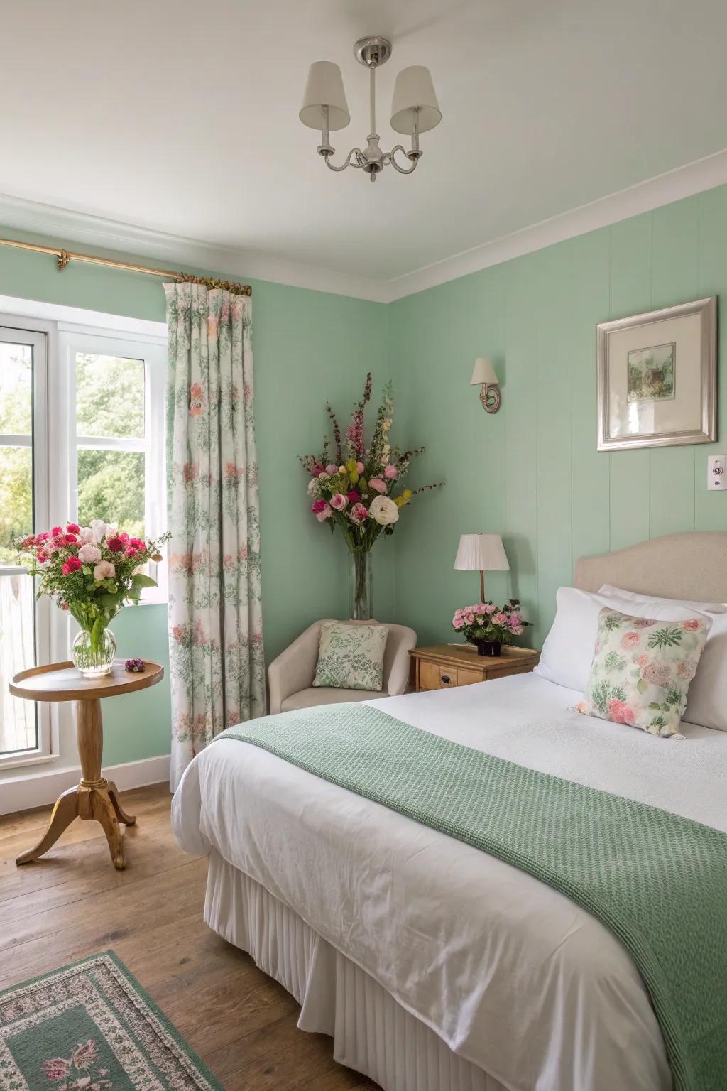 A guest room with soft aqua green for a refreshing feel.
