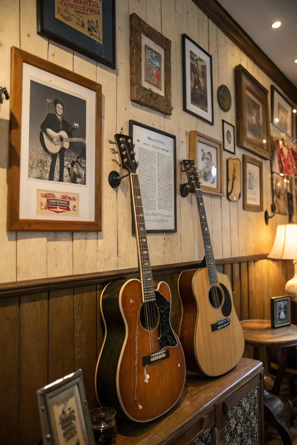 Guitars displayed with period aspects for a nostalgic ambiance.