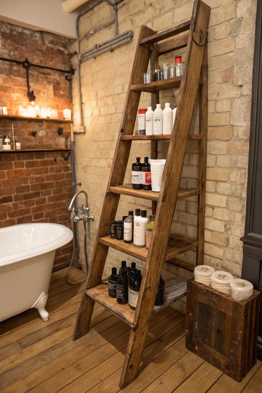 Rustic charm through a reused ladder for product storage.