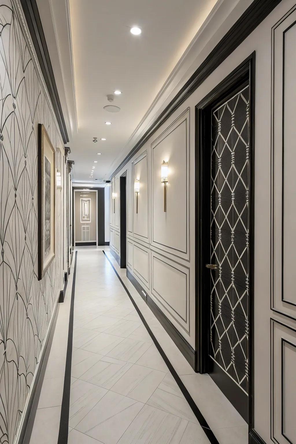 A sleek hallway featuring minimalist contour surface covering.
