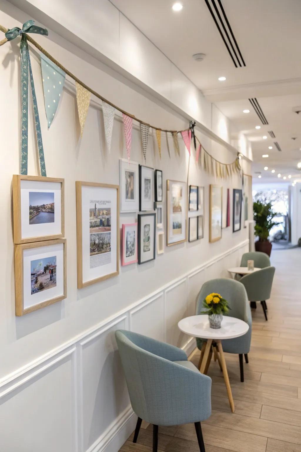 A refined and contemporary image rail with frames suspended using ornamental bands.