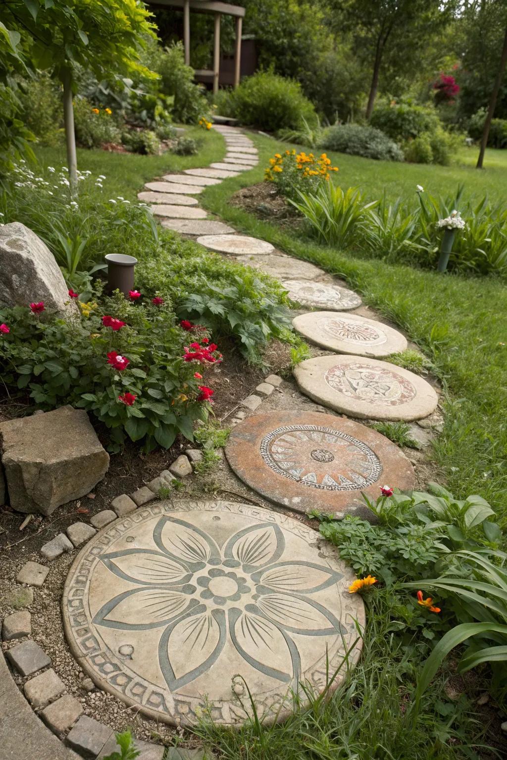 Creative walkway pavers inject whimsy into garden pathways.