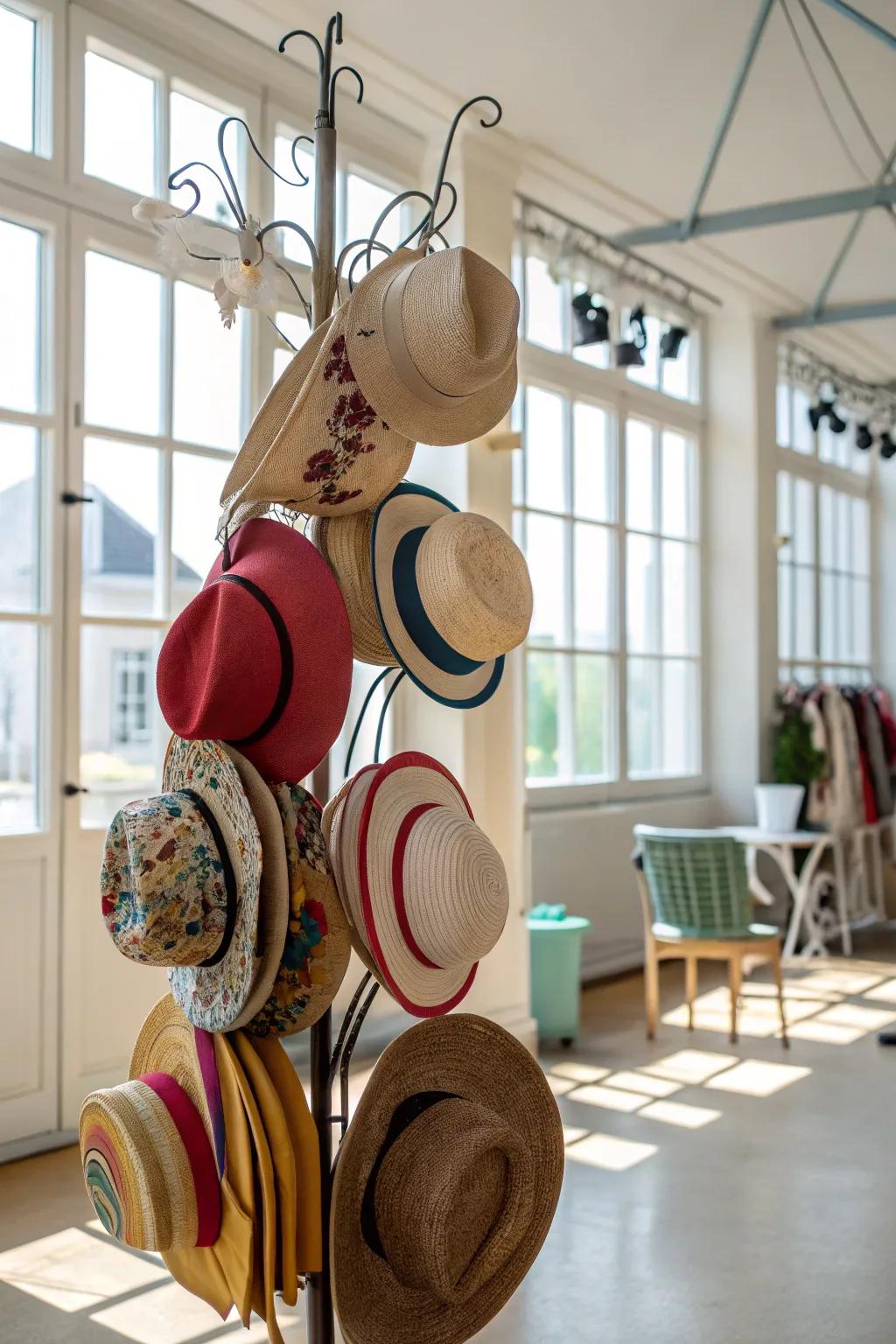 Hats suspended upon an accordion-style hanger.
