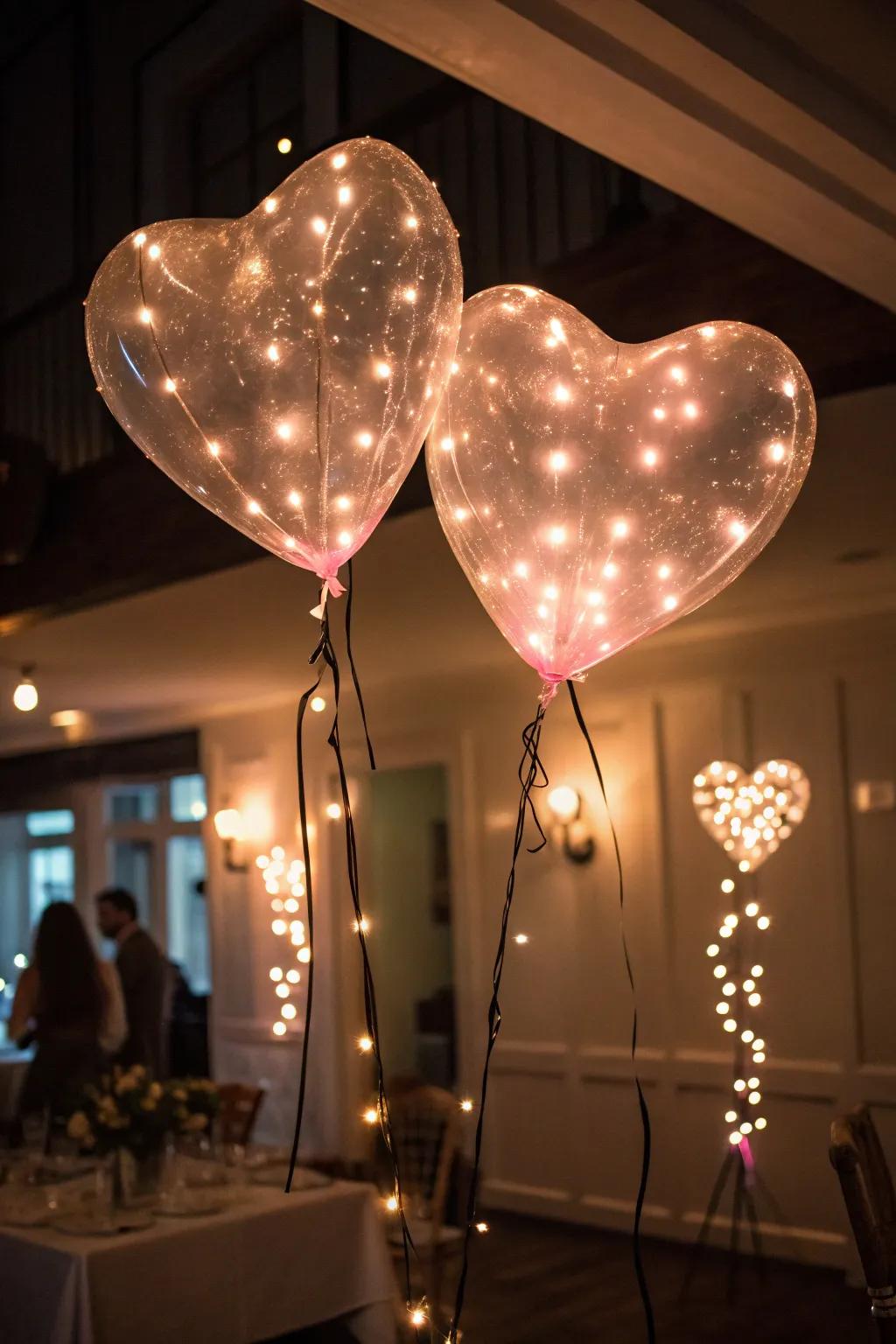 Heart inflatables aglow via LED luminescence for nocturnal enchantment.