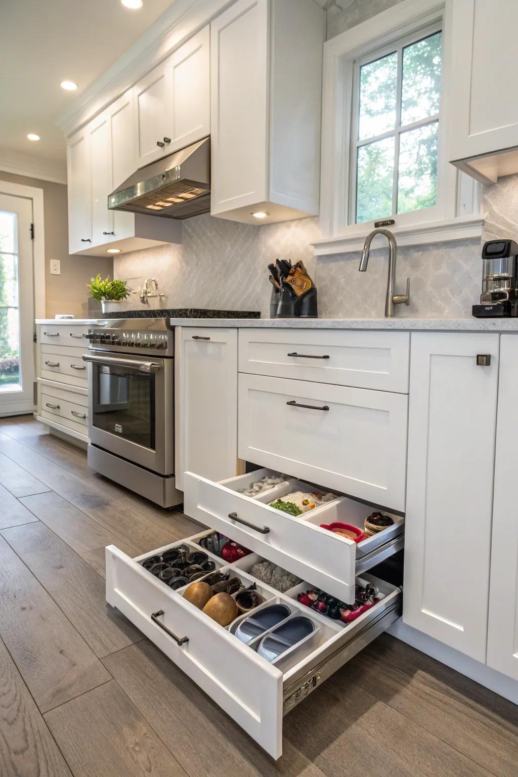 Toe-kick drawers offer hidden shoe storage in underutilized spaces.