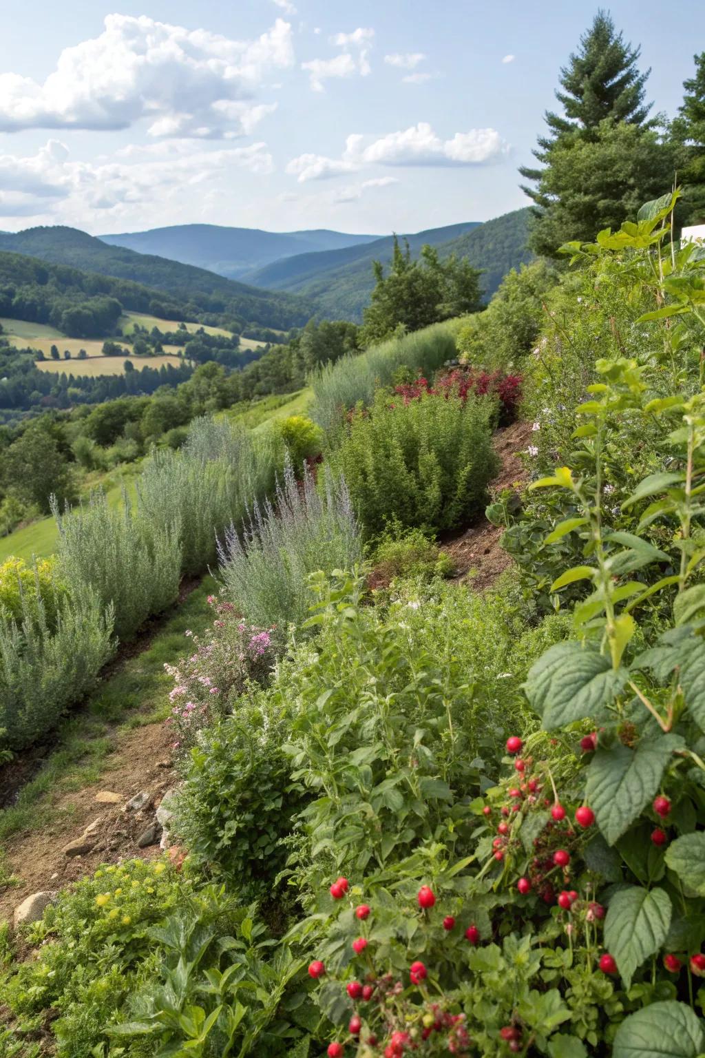Hillside gardens benefit from the practicality and flavor of edible plants.