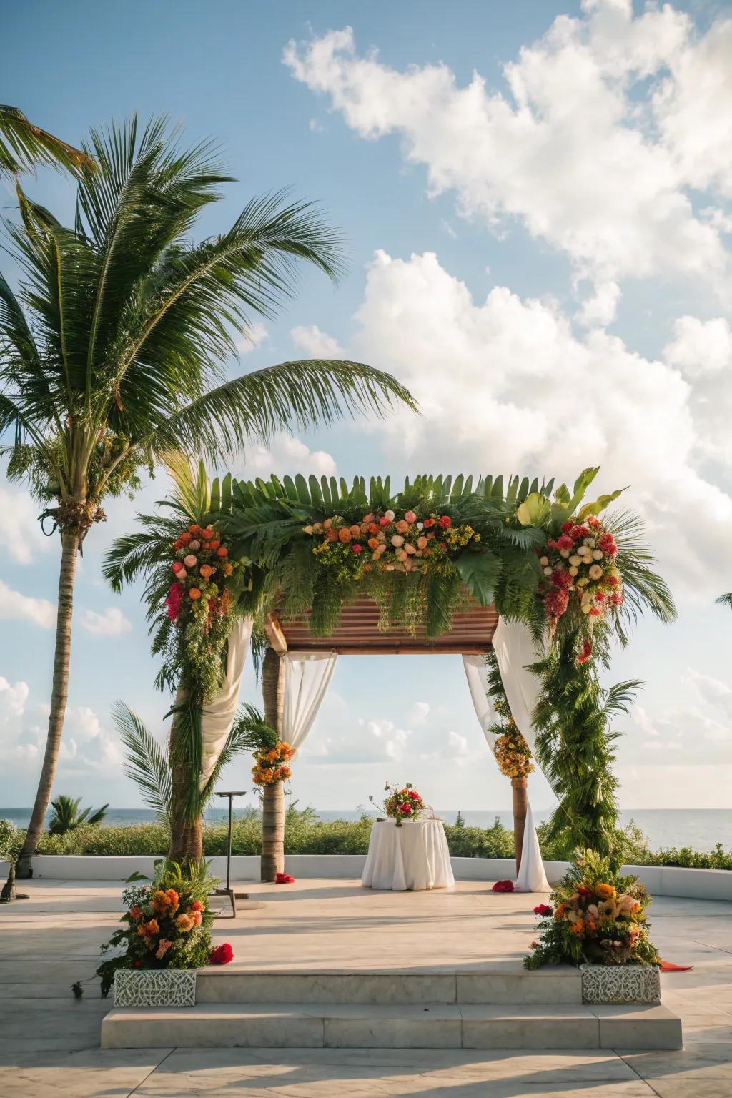 A tropical-themed mandap showcasing vibrant palm leaves and blossoms.