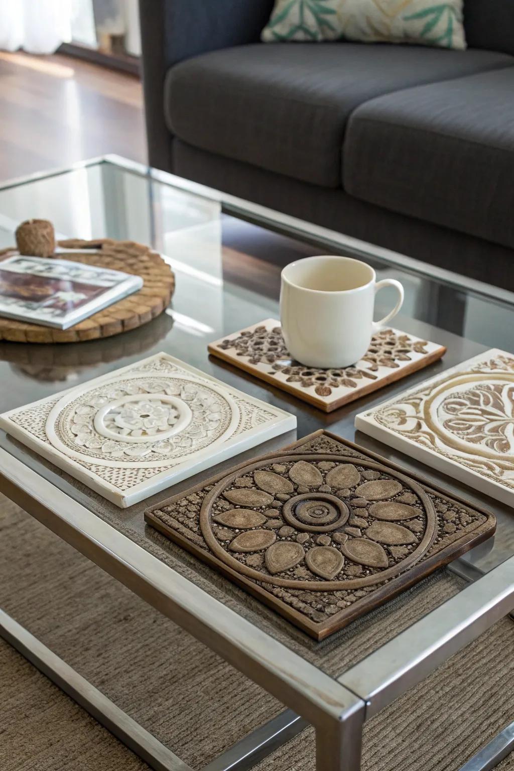 A set of artistic placemats that add flair to a coffee table.
