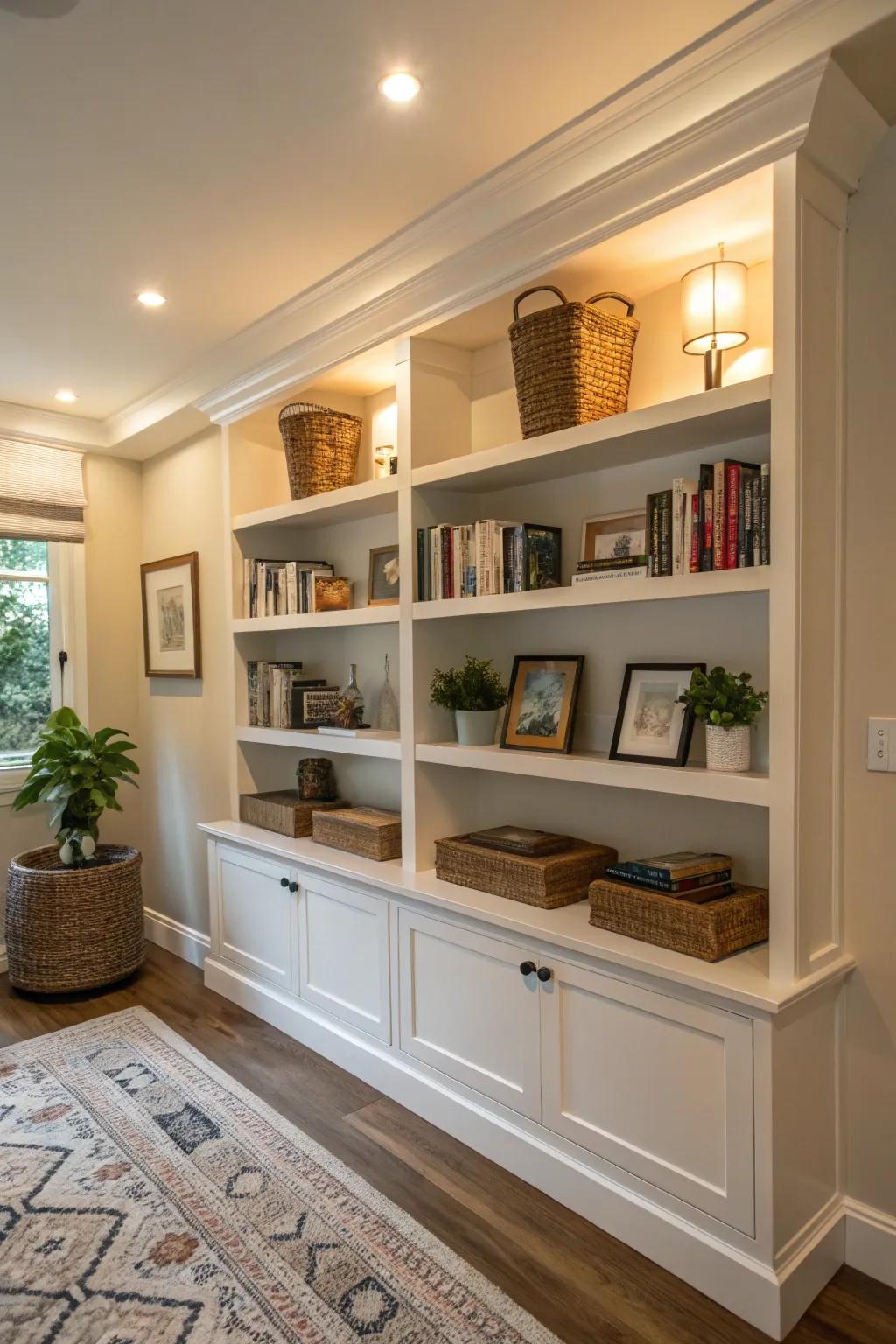 Floating shelves offer a minimalist, modern appearance.