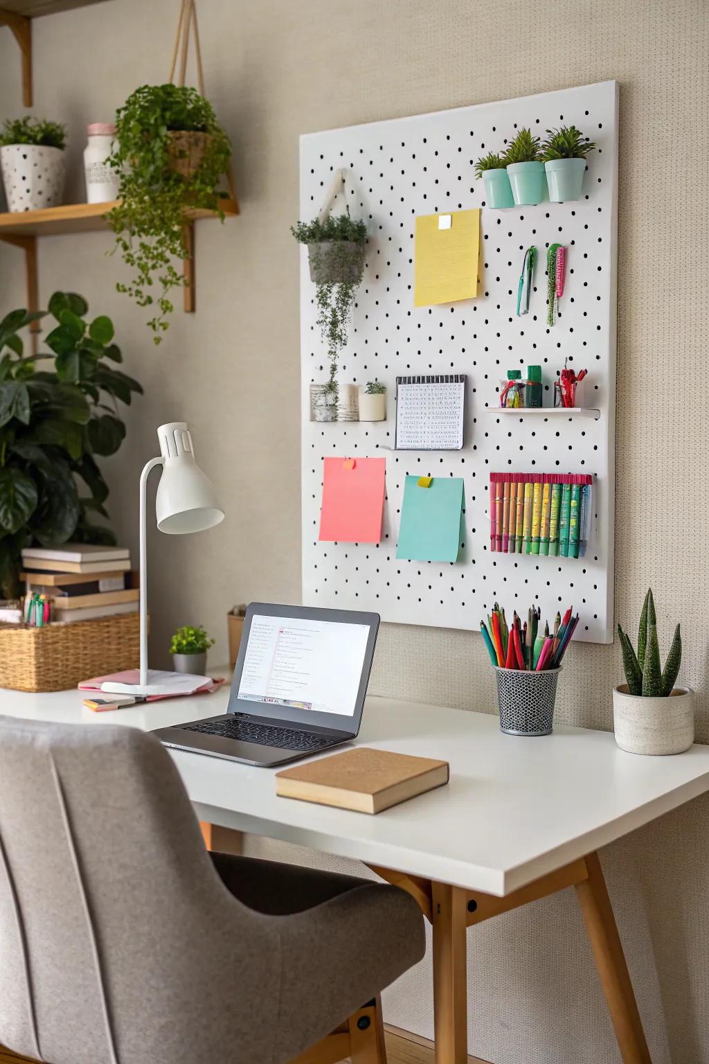 A pegboard organizer maintains supplies in order and frees up table area.