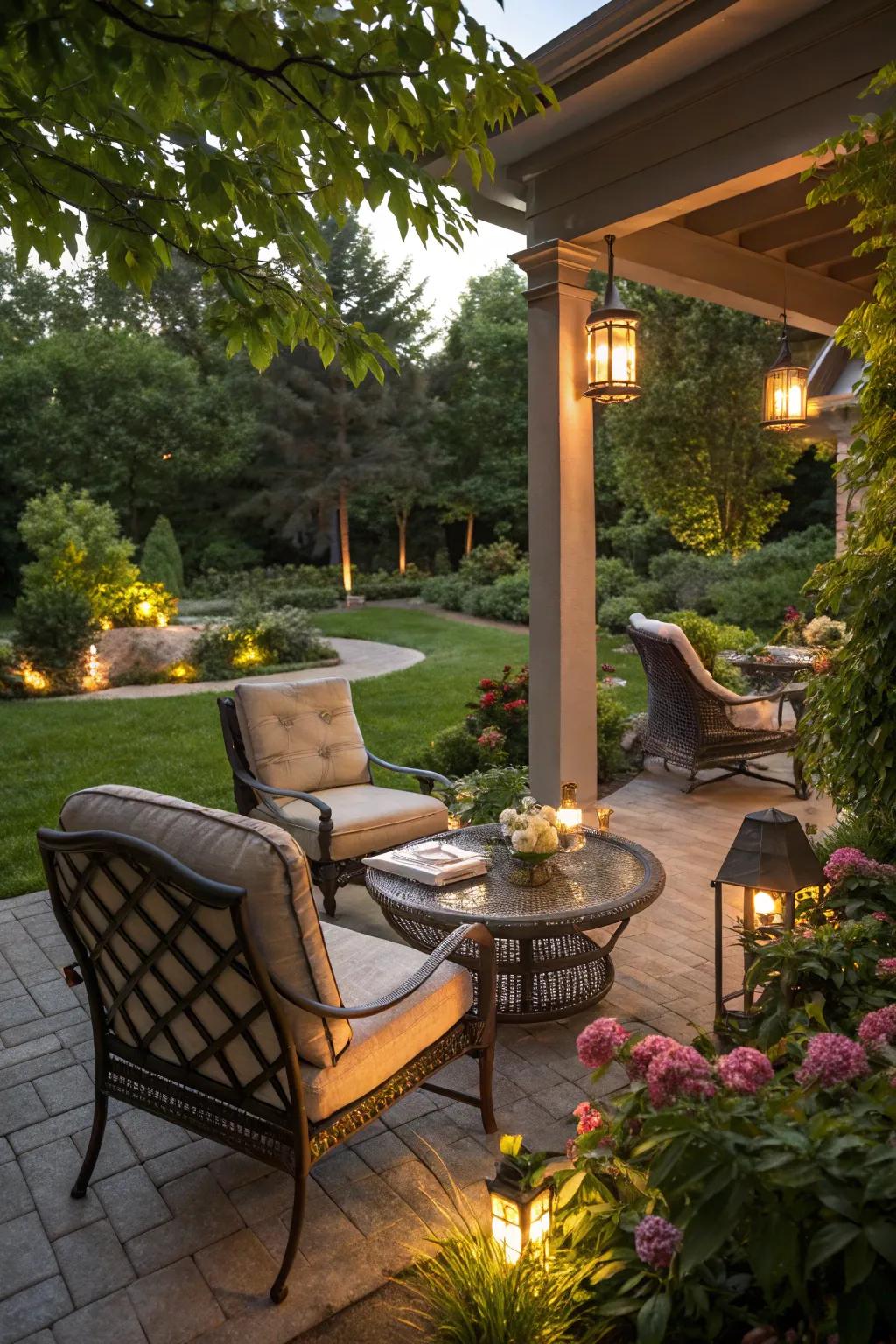 An open-air space transformed into a welcoming area with lighting and new furniture.
