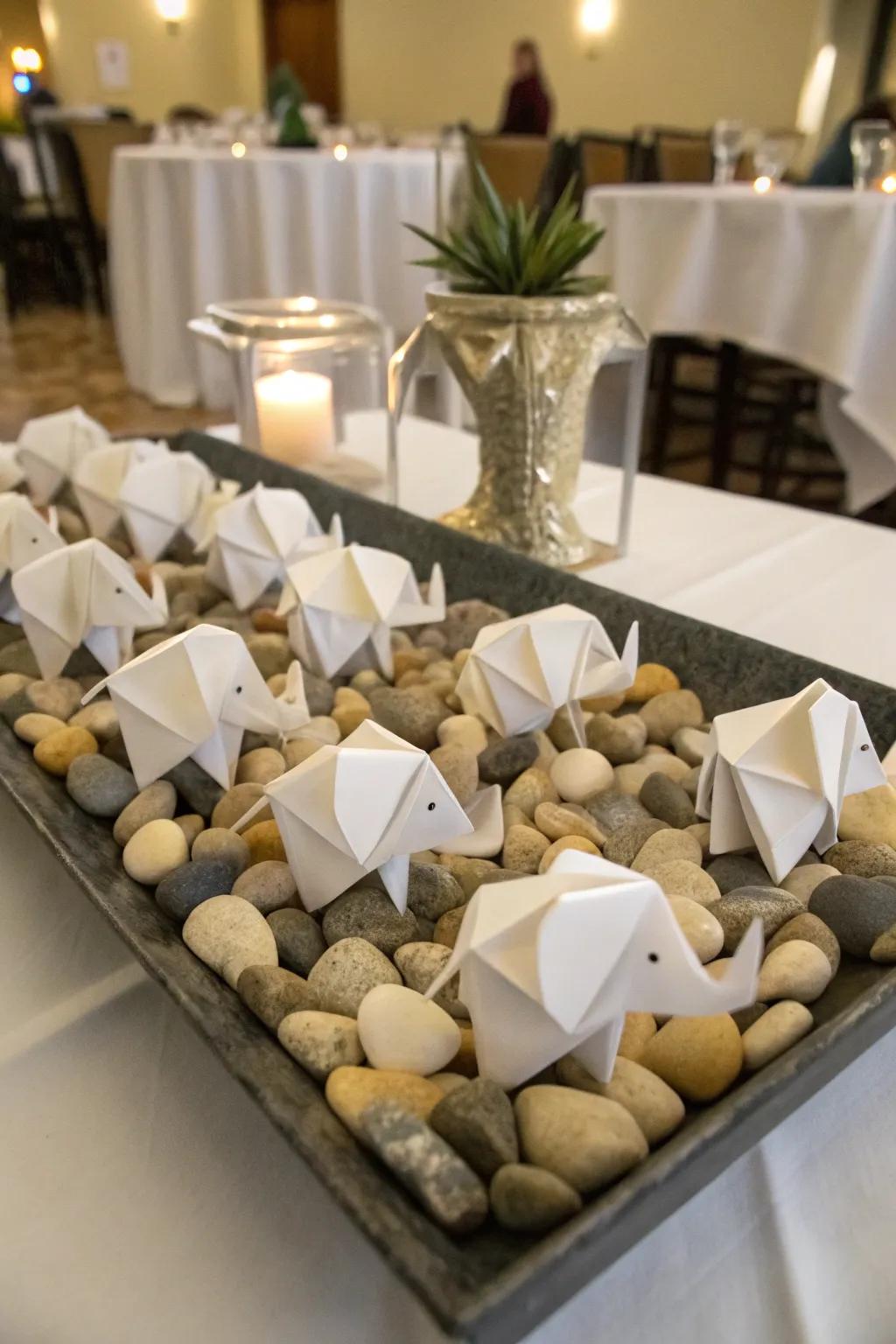 Inventive origami centerpiece featuring elephants.