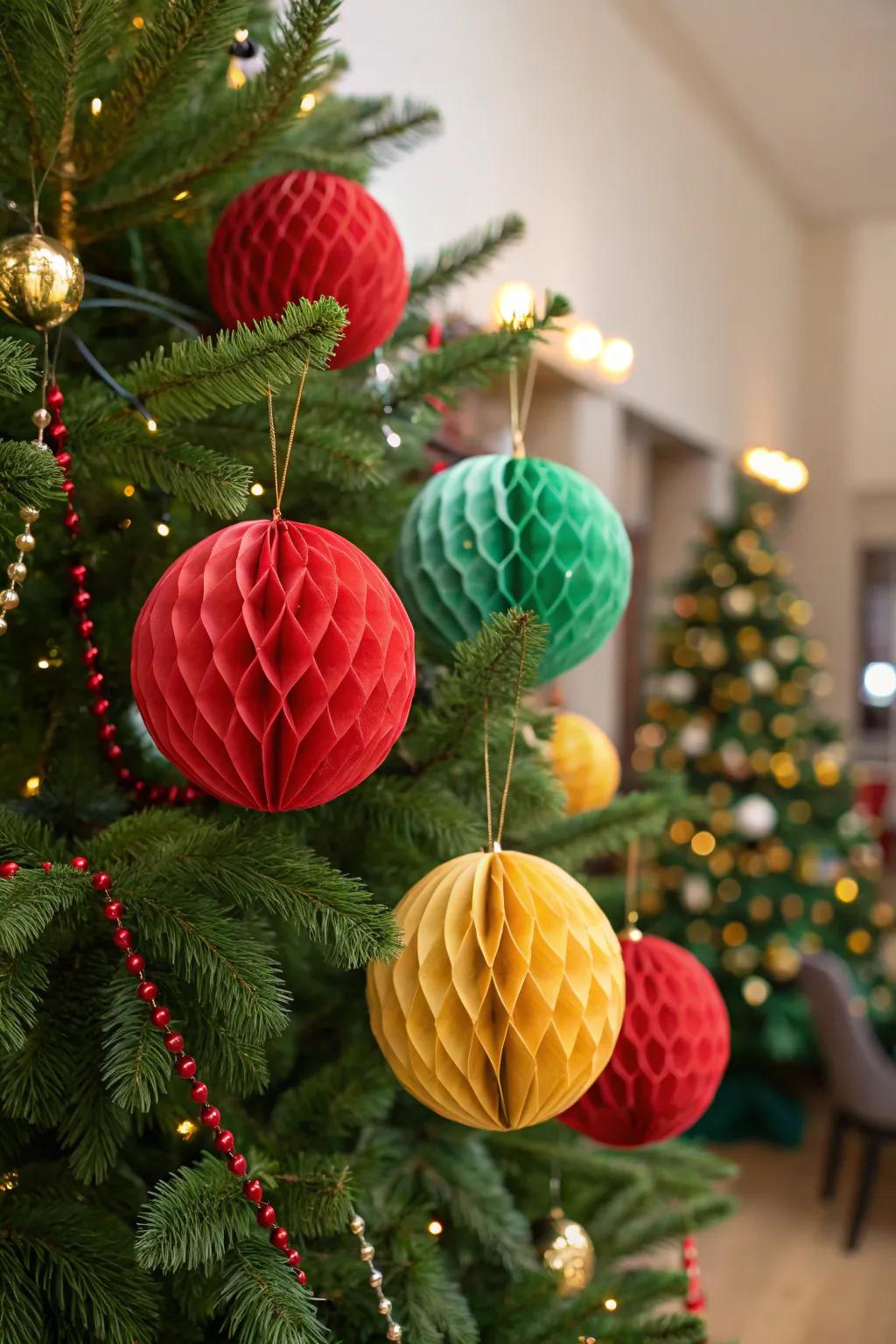 Vibrant paper honeycomb sphere adornments infusing modern flair into the festive ornamentation.