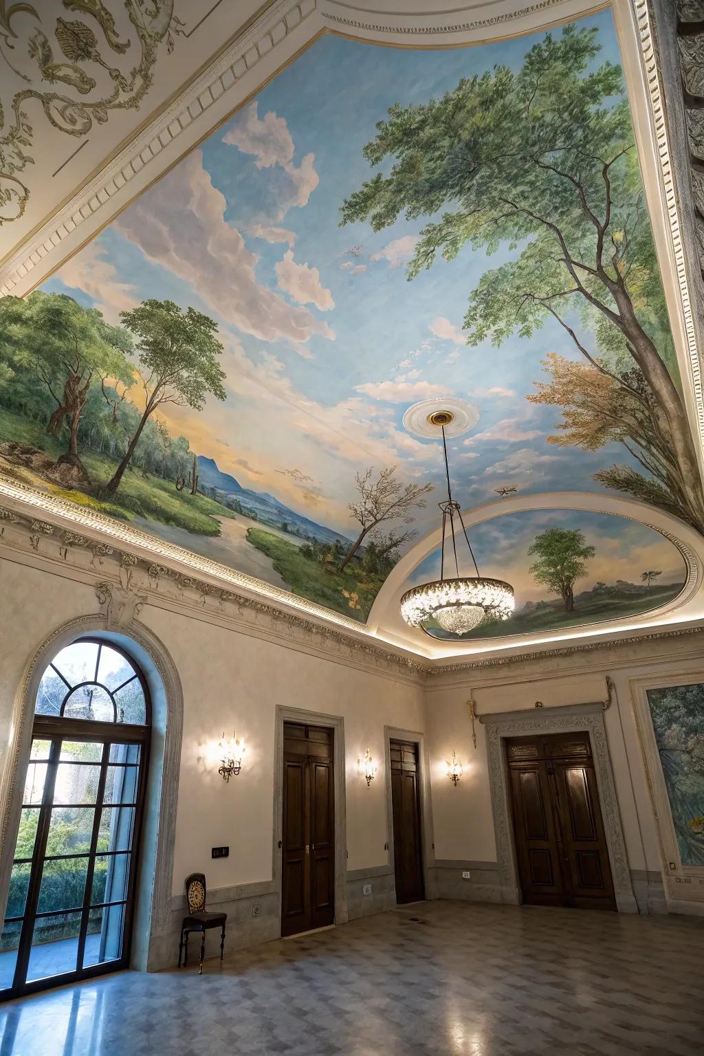 An artistic chamber featuring a beautiful hand-pigmented overhead plane mural.