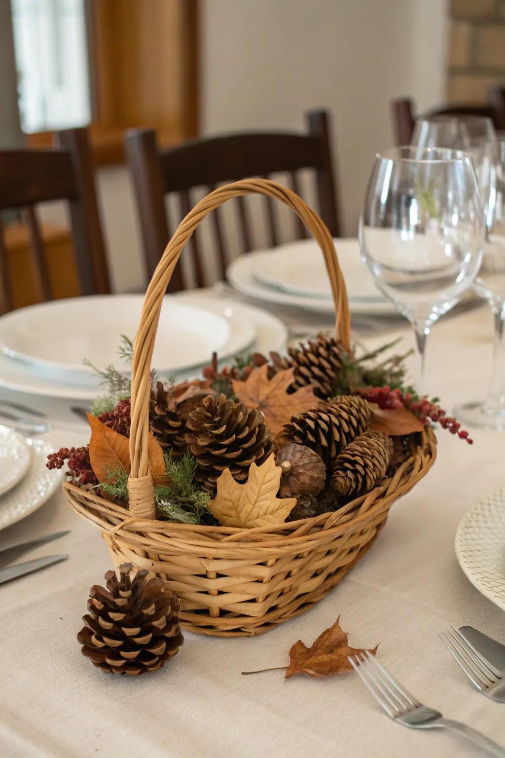 Baskets impart seasonal allure to repast desks.