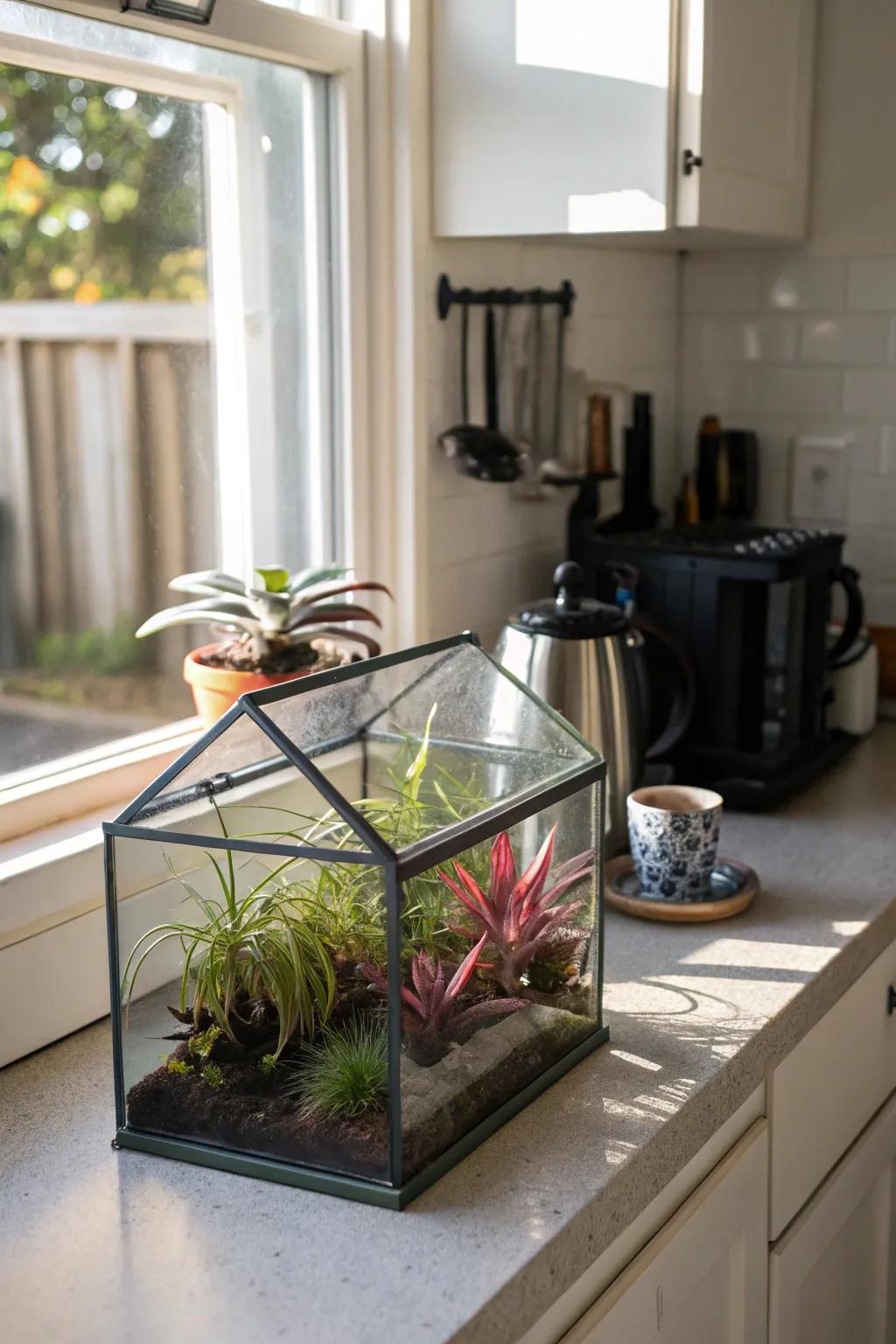 A miniature greenhouse featuring air plants for a desktop garden.