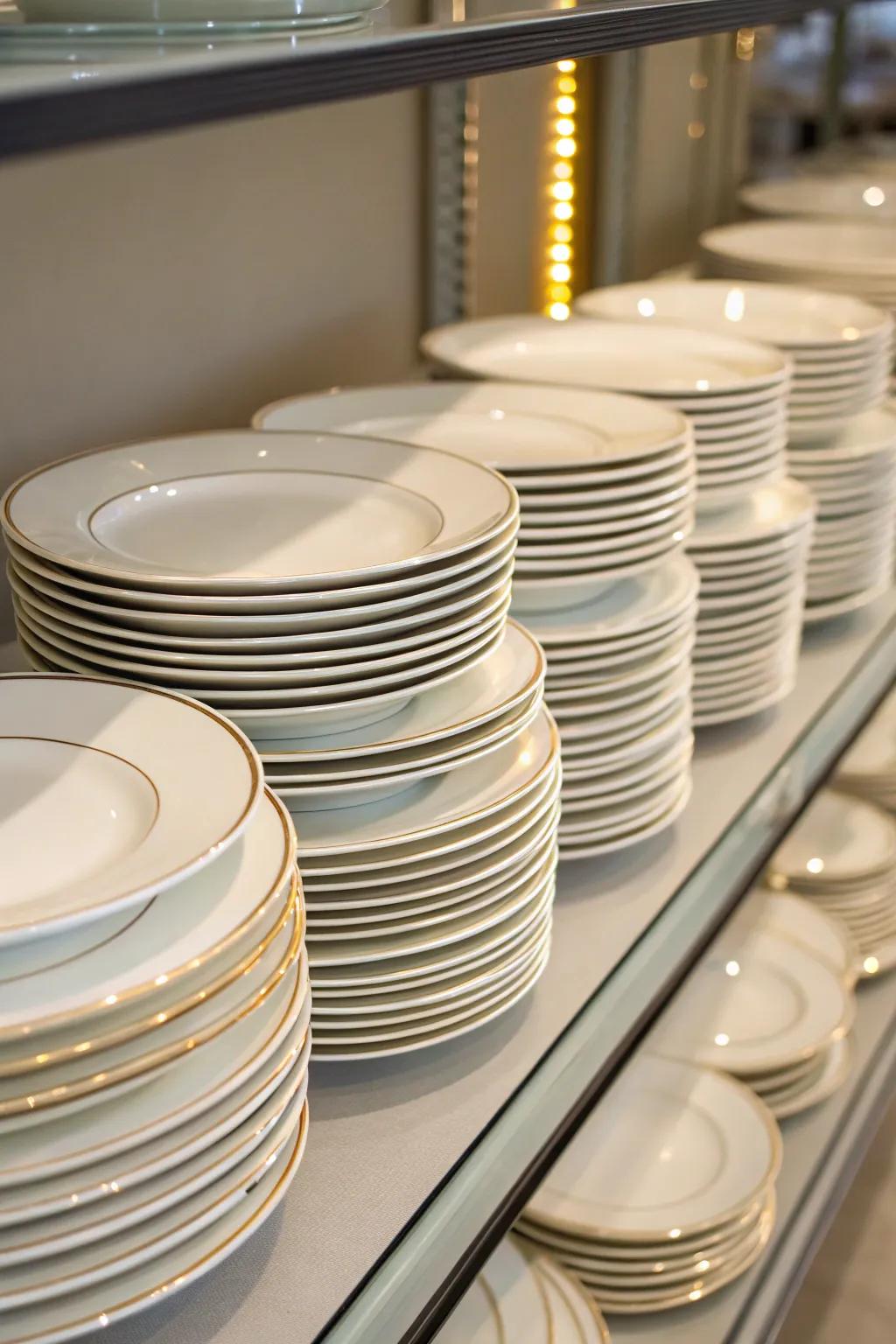 Neatly tiered china on a shelf with uniform margins for a tidy aesthetic.