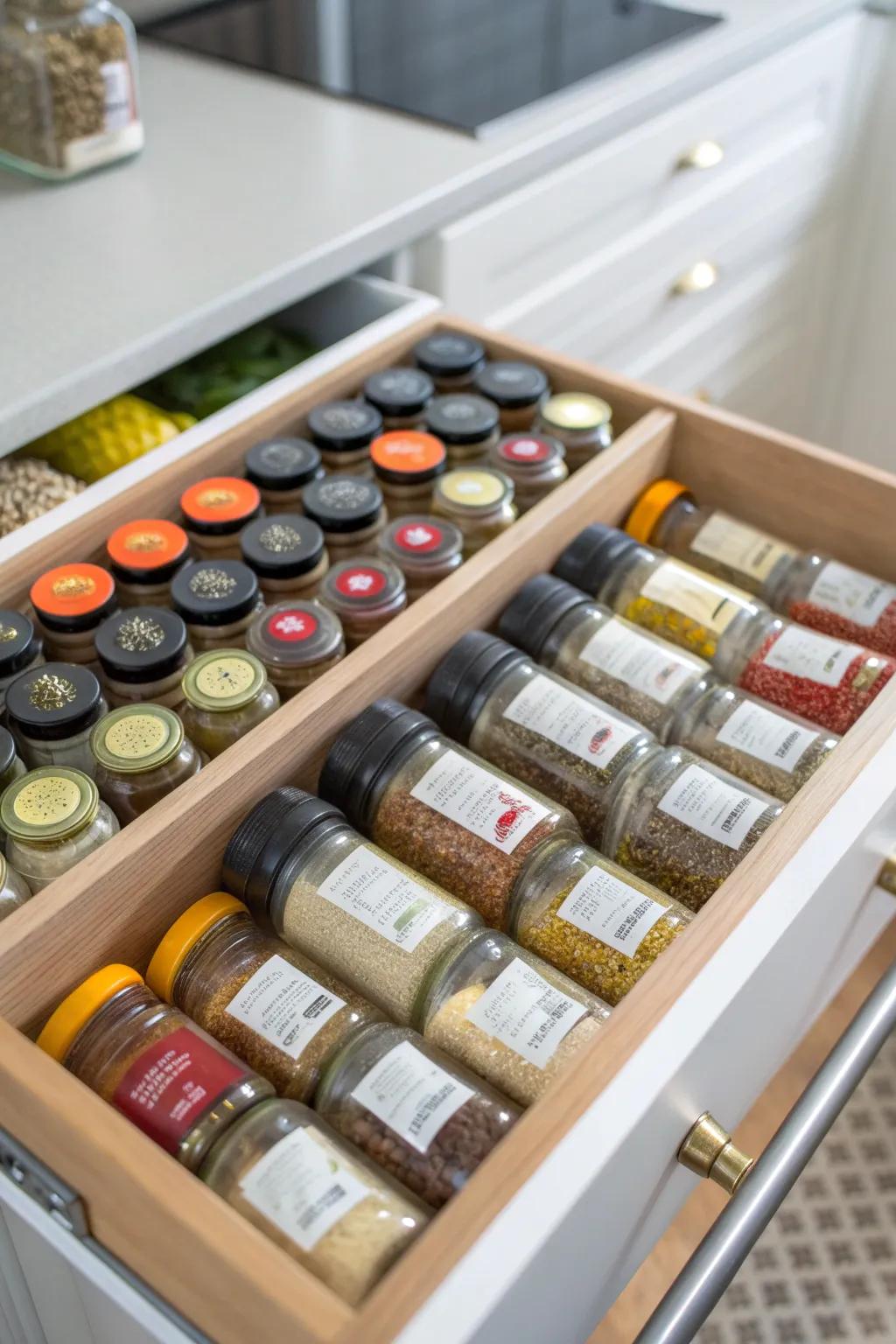 A spice drawer neatly organizes essential culinary items for easy access.