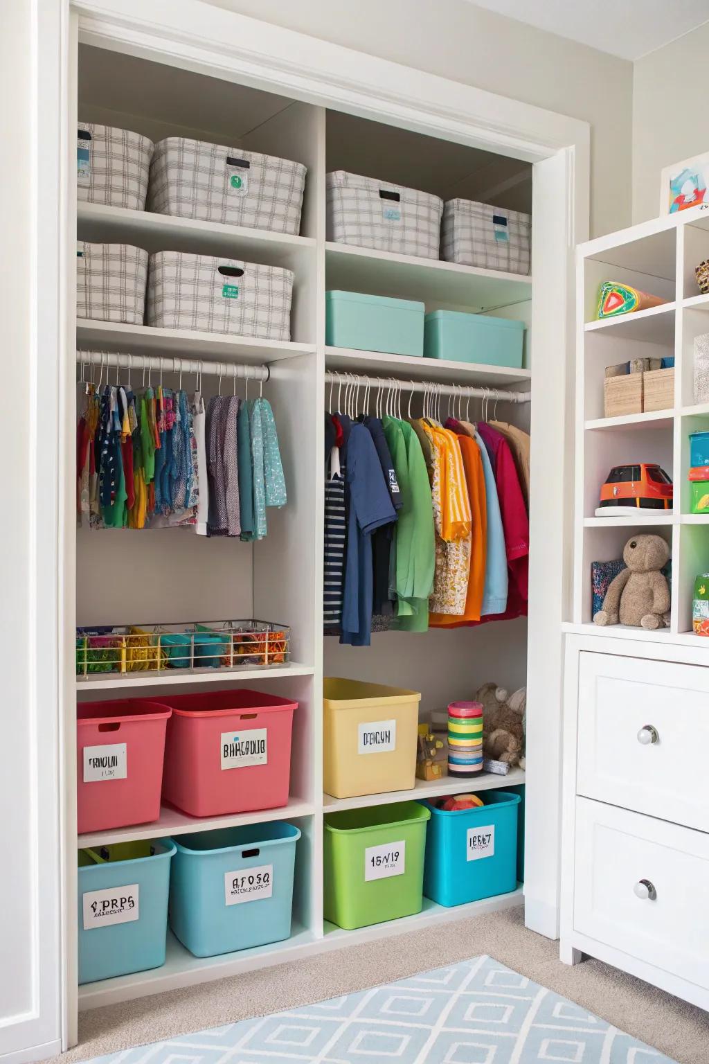Labeled storage units maintain order in a child's room.