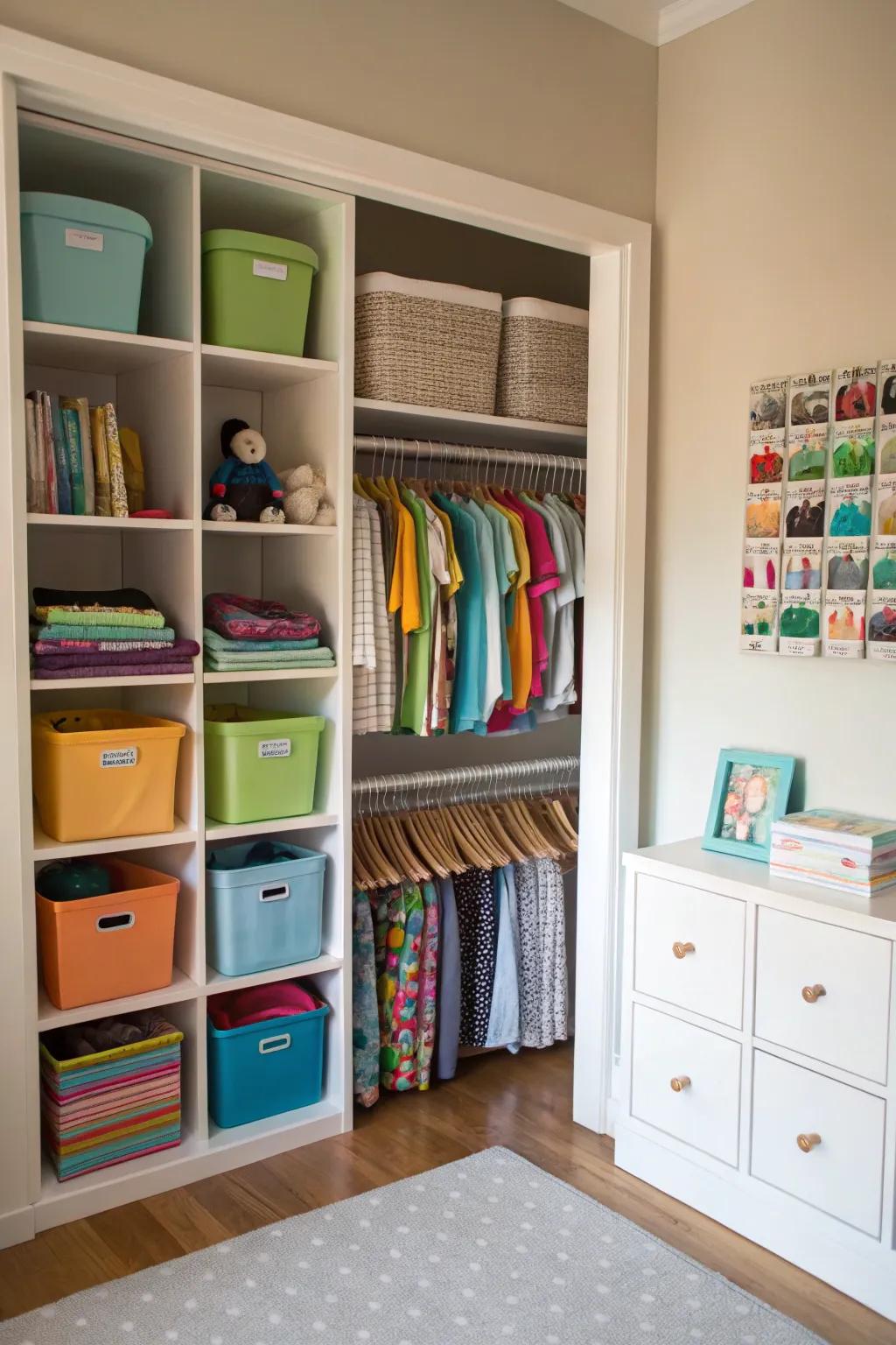 Closet organizers double storage potential in children's areas.