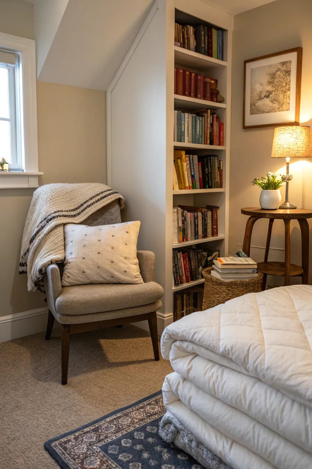 A snug alcove within a room corner featuring neatly stacked comforters.
