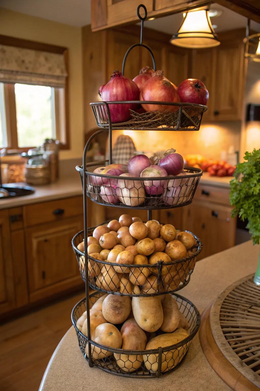 Tiered baskets offer organized and space-efficient storage for produce.