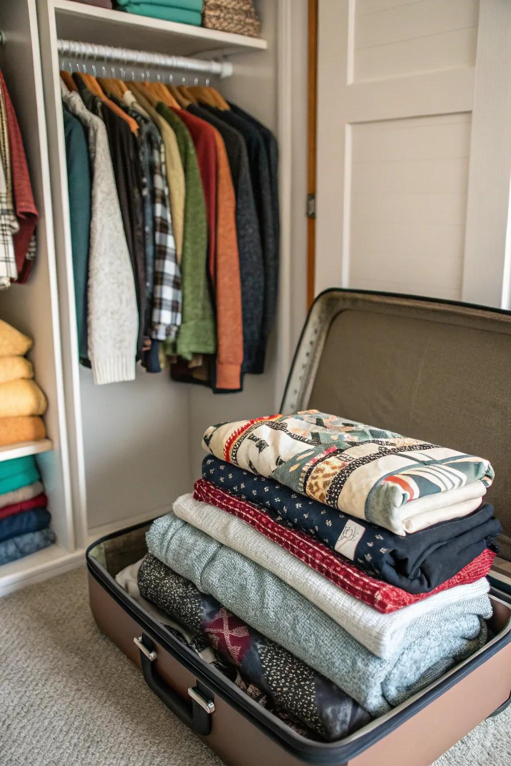 Suitcases offer a creative way to store off-season sweatshirts.