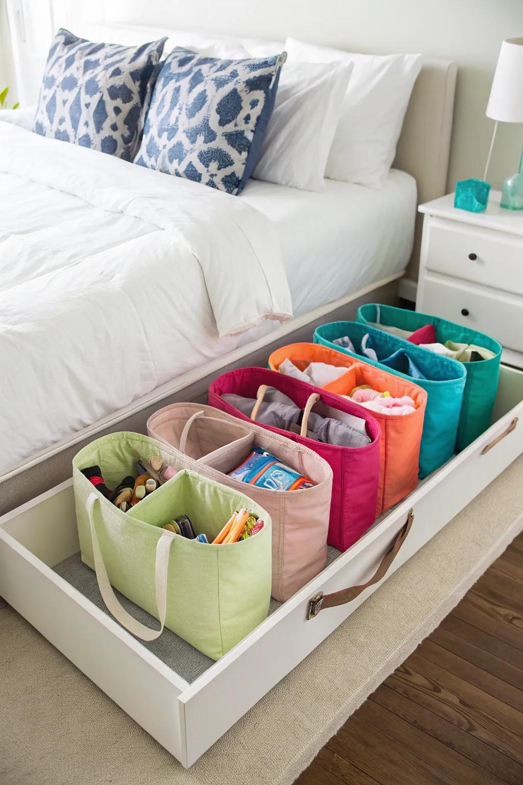 Under-bed storage maintains carryalls concealed yet reachable.