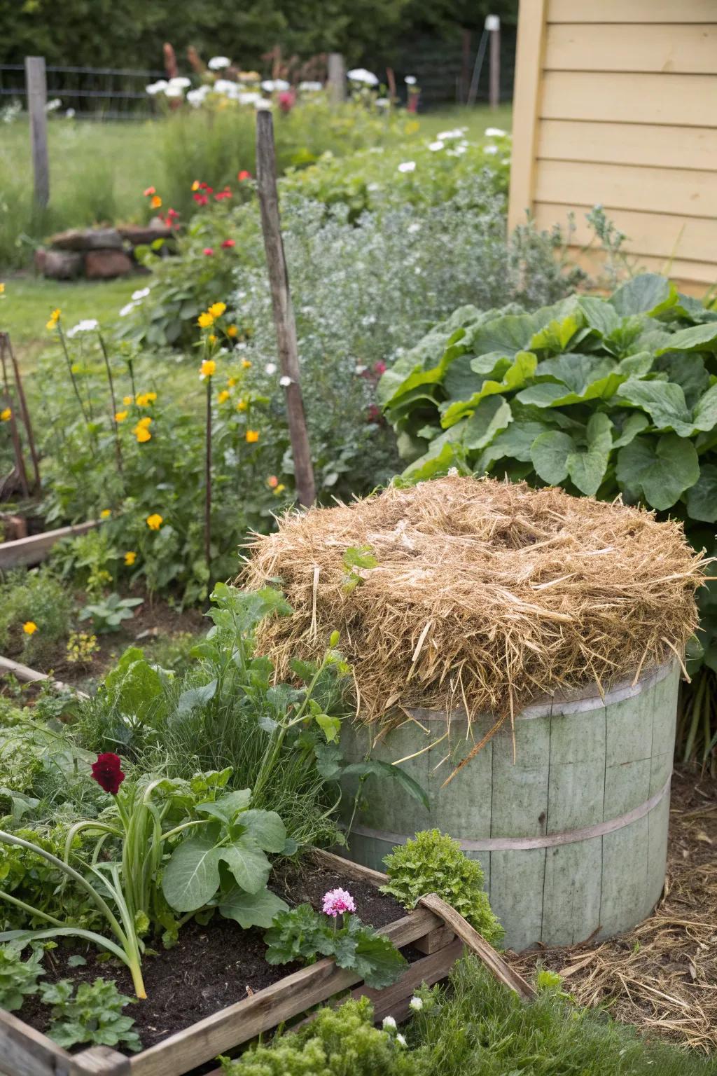 A compost bin crafted from straw bales, blending seamlessly into the vegetable garden.
