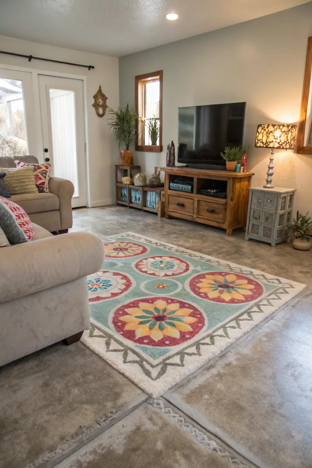 A faux floor covering painted on a concrete floor introduces warmth and pattern to this welcoming living space.