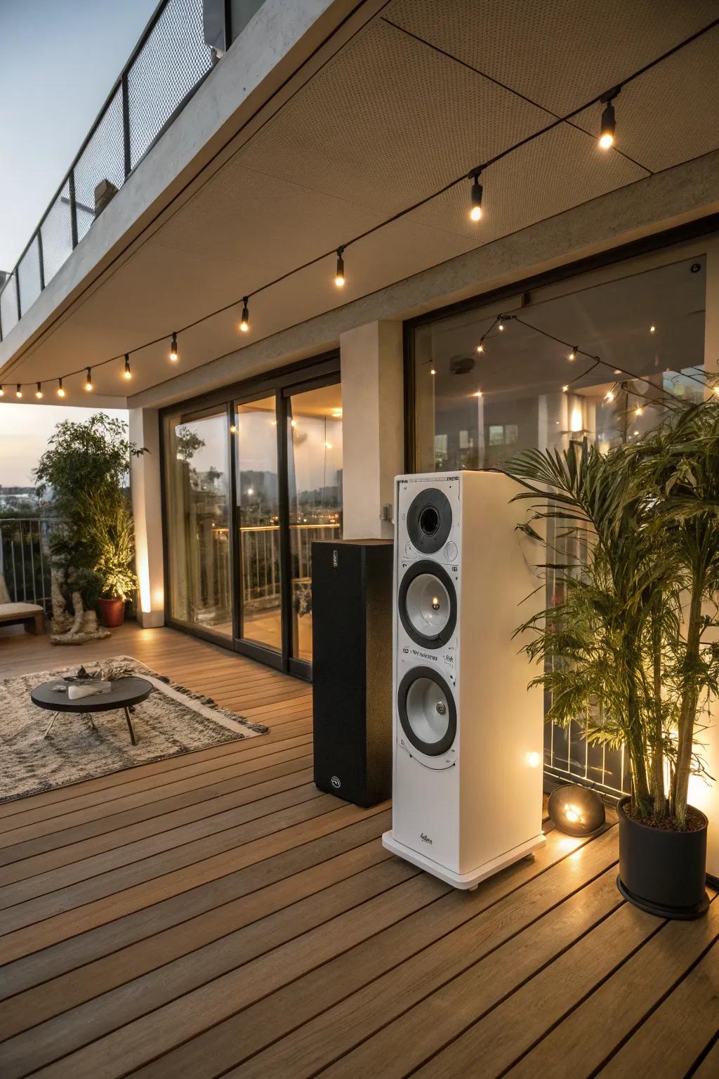 A surround sound system enhances the relaxing atmosphere of this indoor deck.