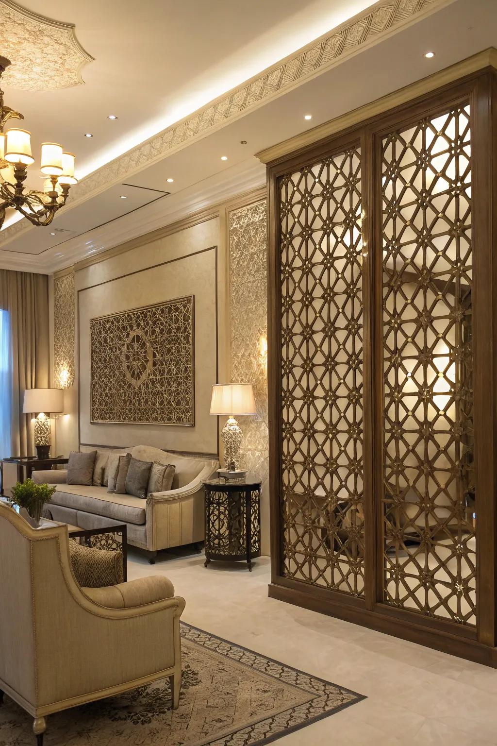 Elaborate lattice partition incorporating a sense of sophistication to the habitat.