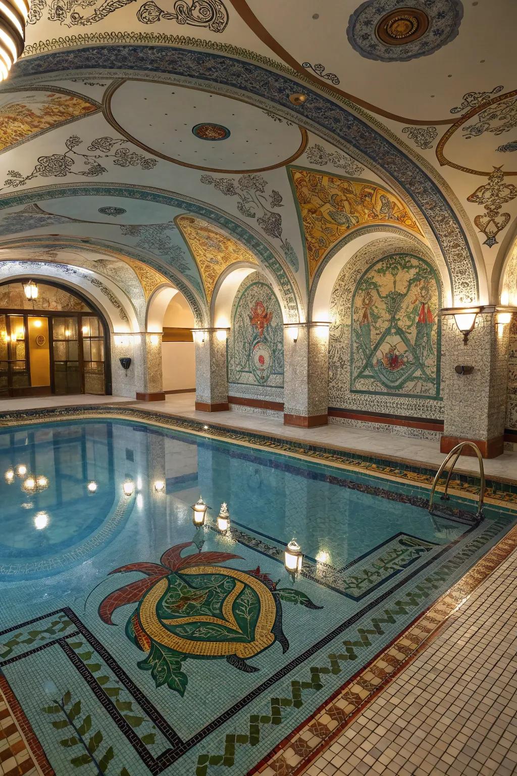 An indoor pool featuring distinctive creative tile aesthetics