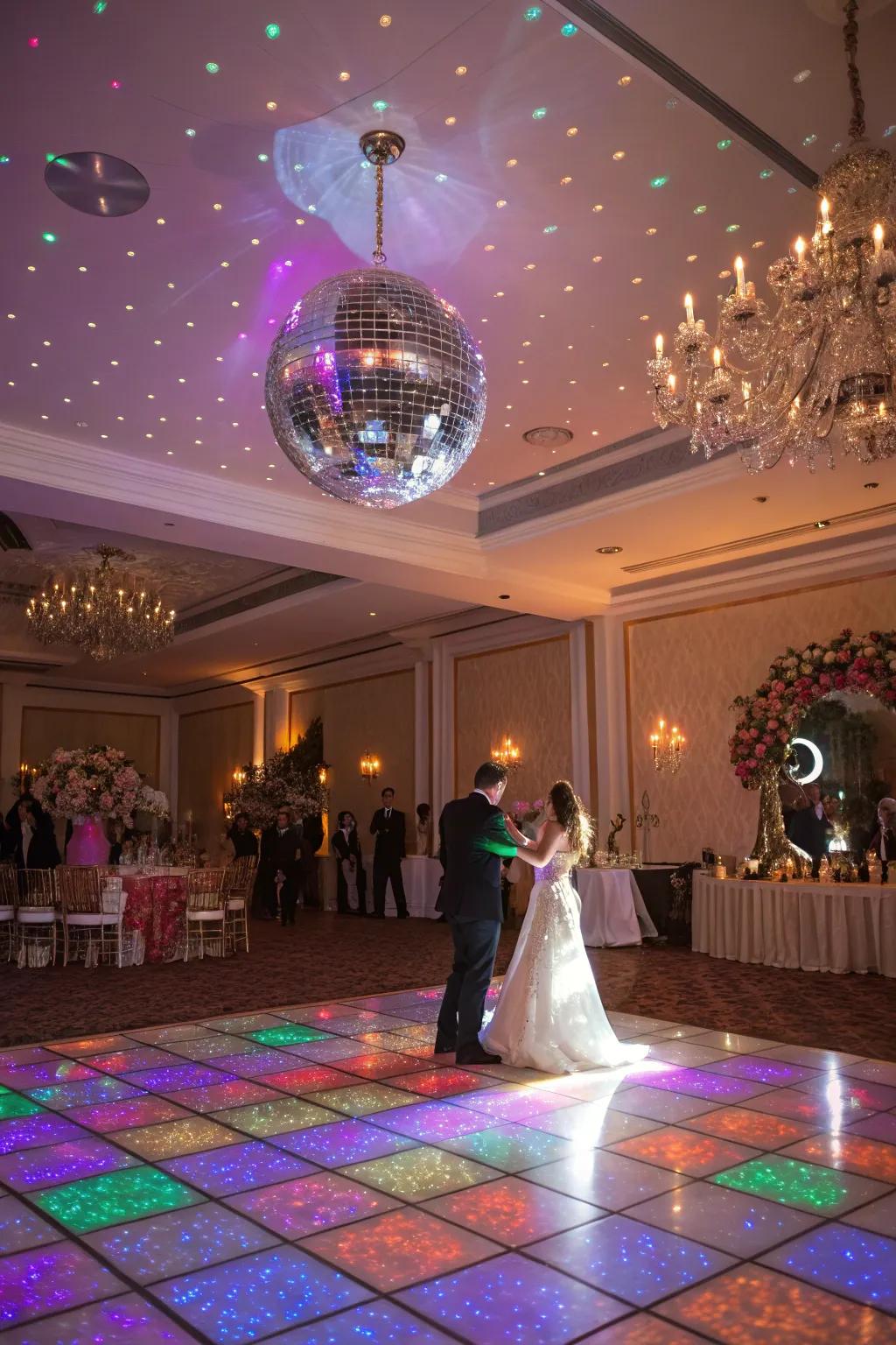 Reflective globe injecting glitz and shimmer into the wedding dance floor.