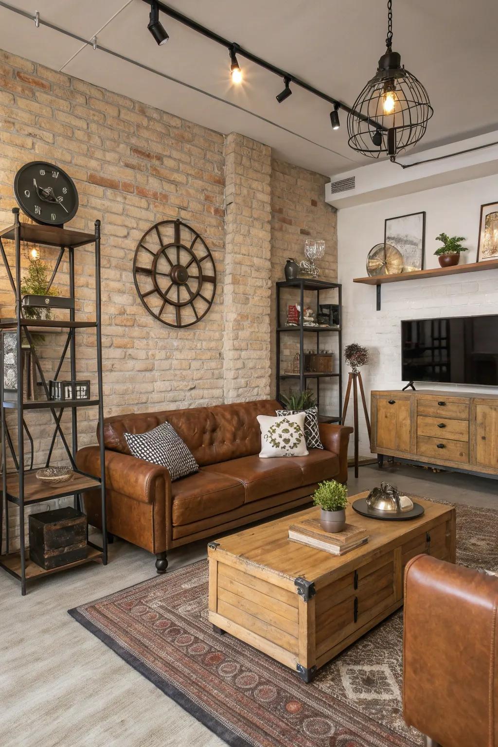 Industrial chic accessories subtly enhance the design.