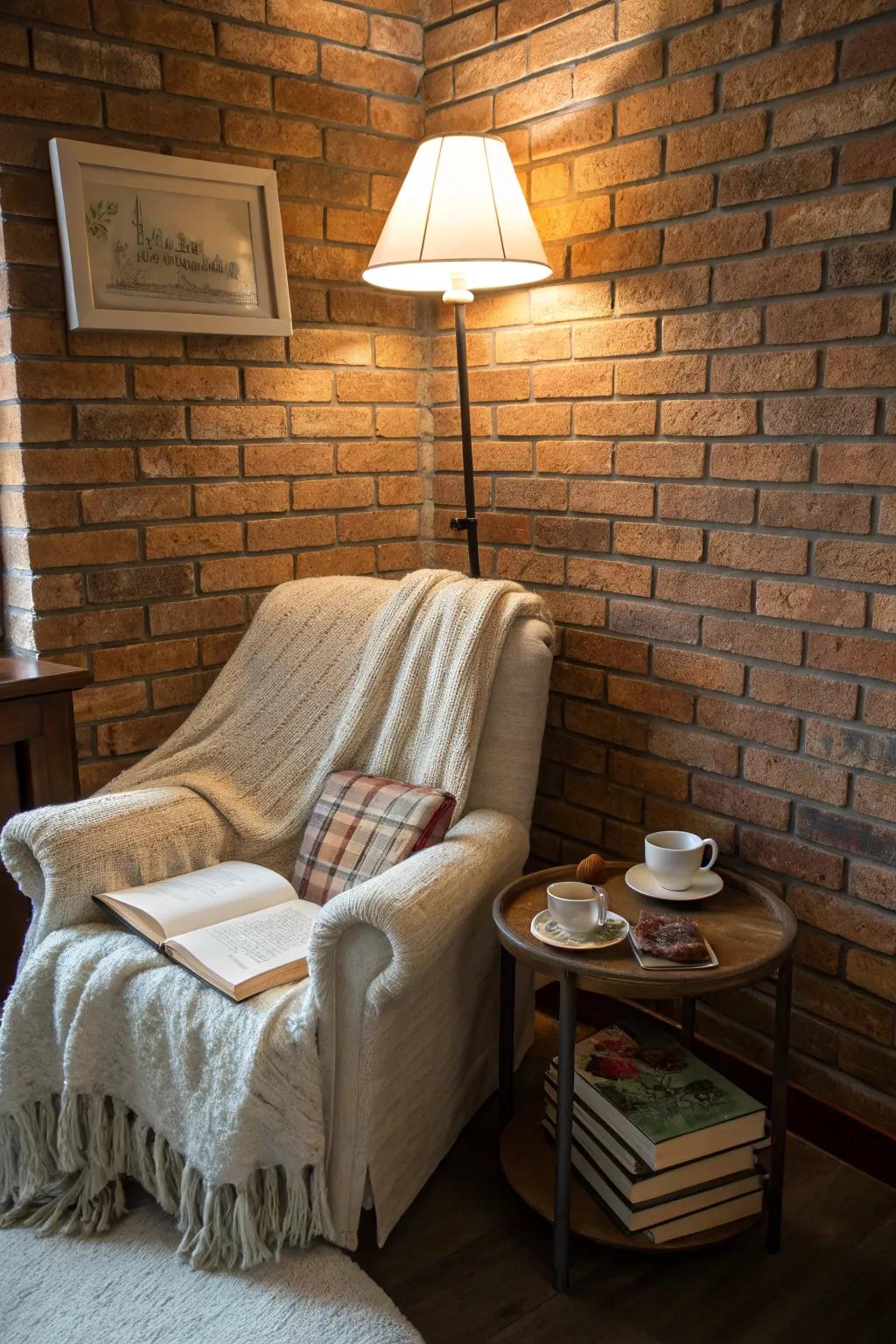 A serene reading corner with a snug chair and lamp, perfect for relaxation by the brick wall.