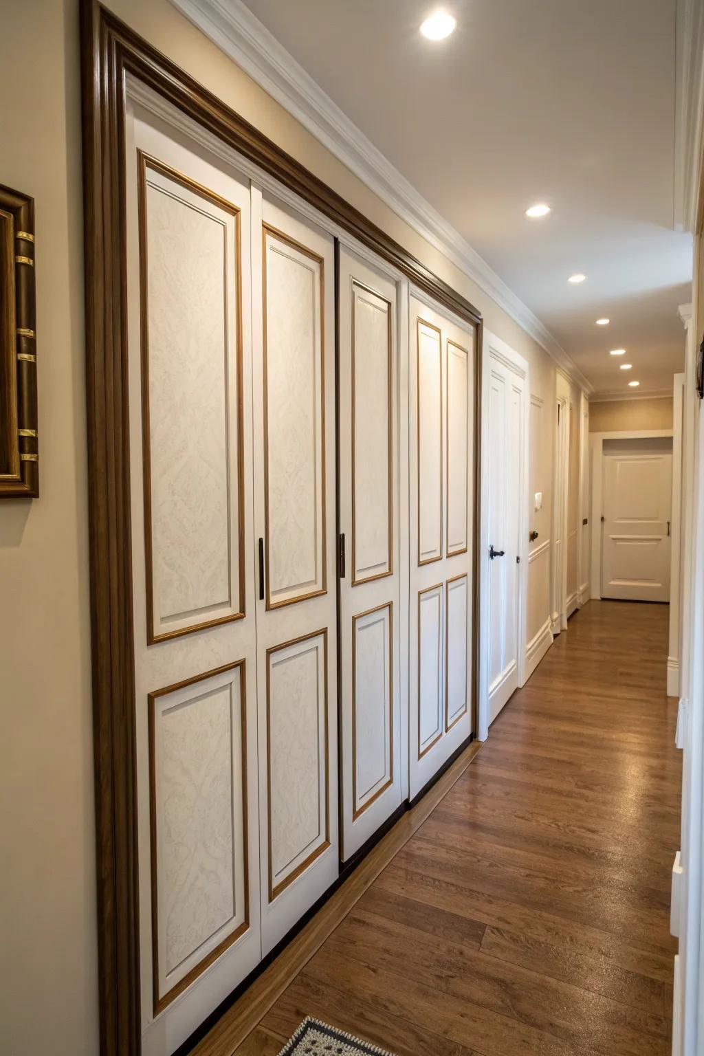A hallway featuring closet doors accented with trimmed panels for a polished look.