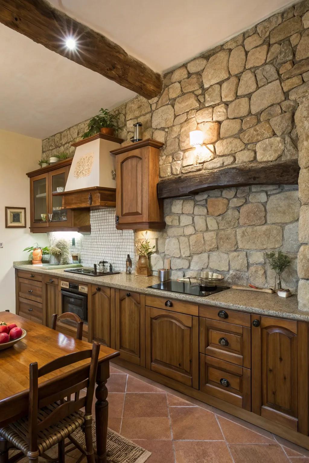 A stone behind the cooktop enhances texture and depth.