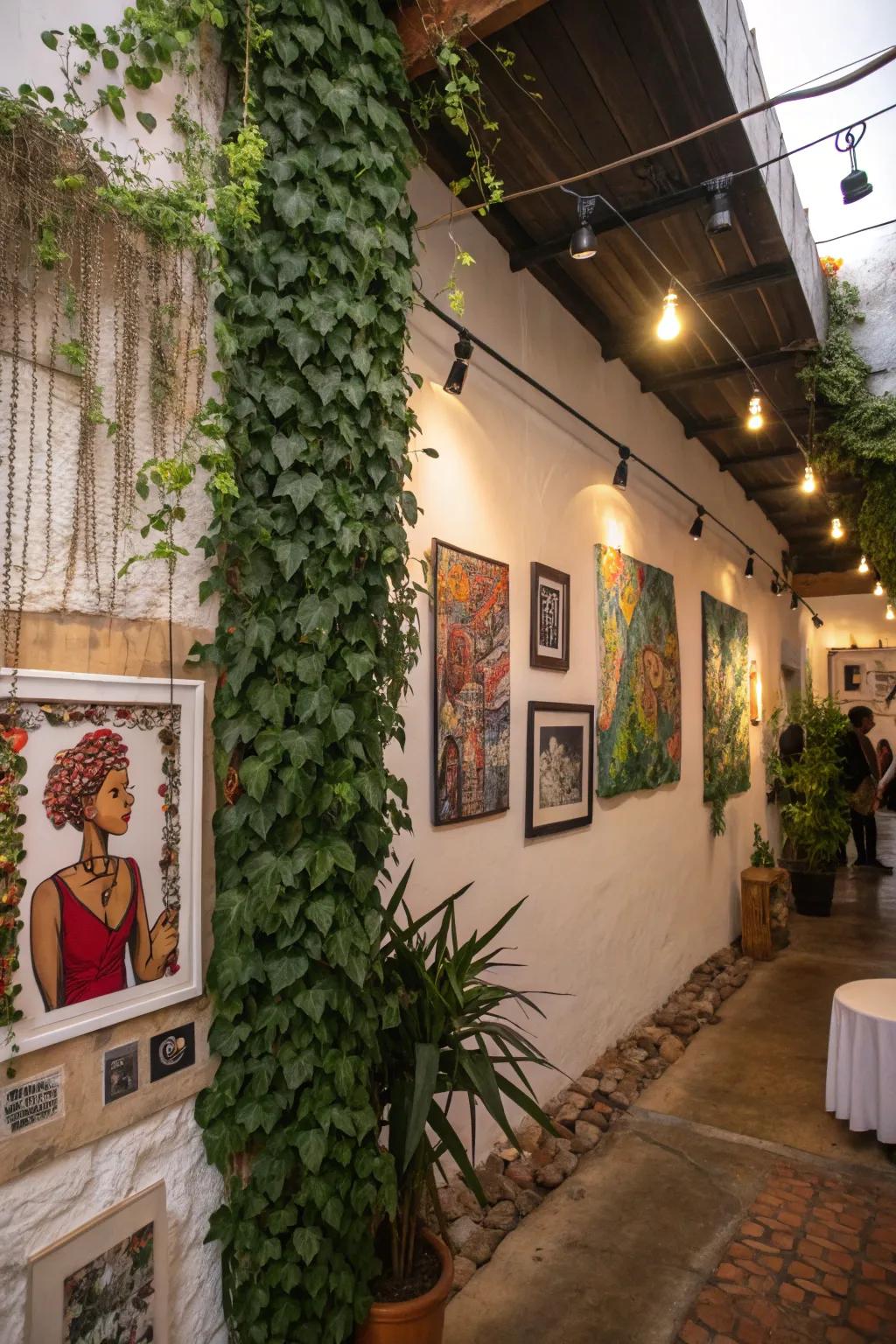 An eclectic botanical wall harmonized with artistic compositions, showcasing individuality and style.