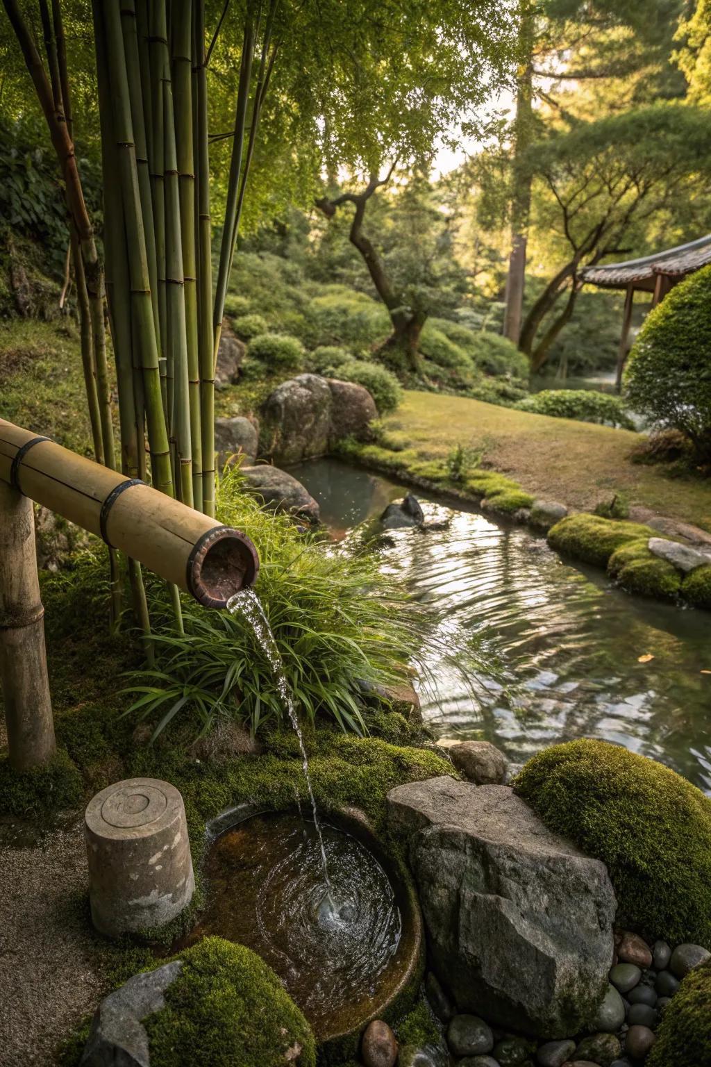 A reed cascade delivering a gentle water current to the garden.