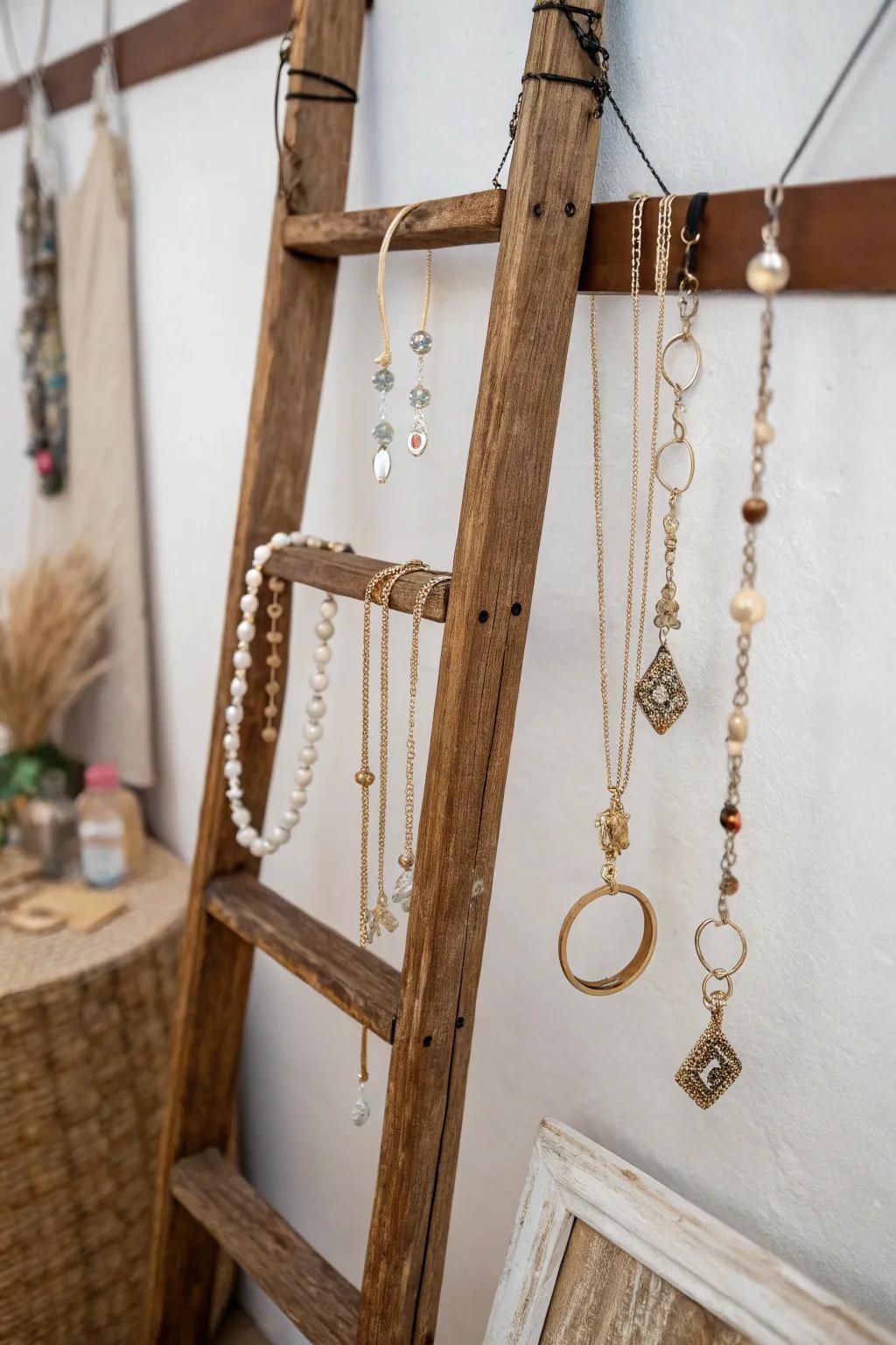 A repurposed ladder utilized for jewelry display