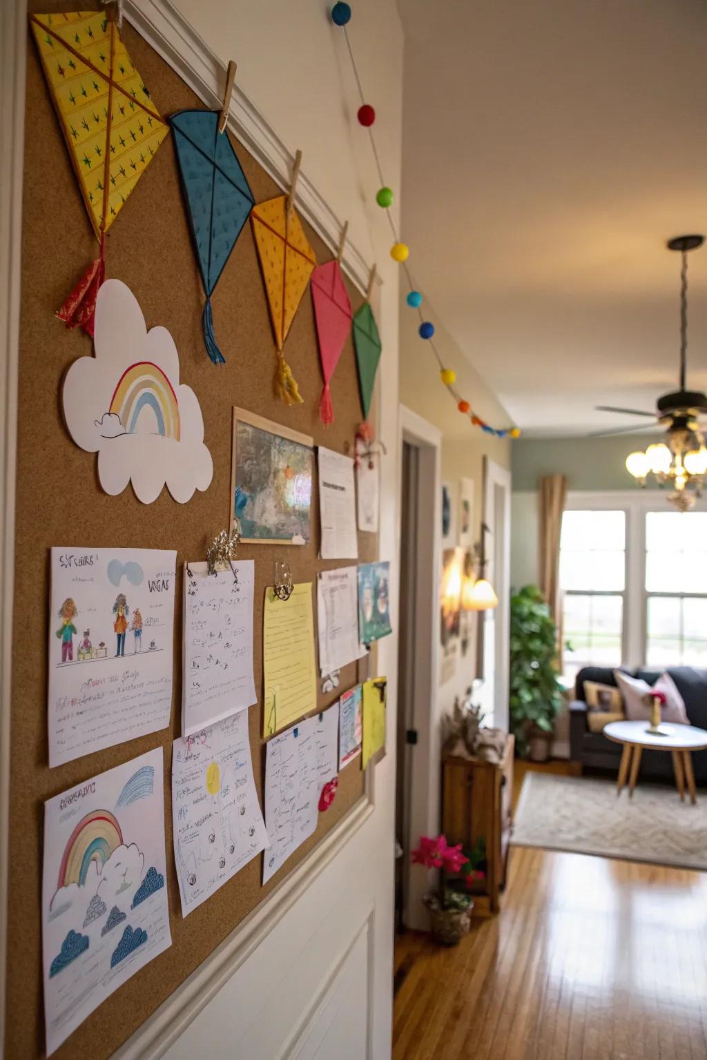 A kite festival-themed bulletin board for perpetual amusement.