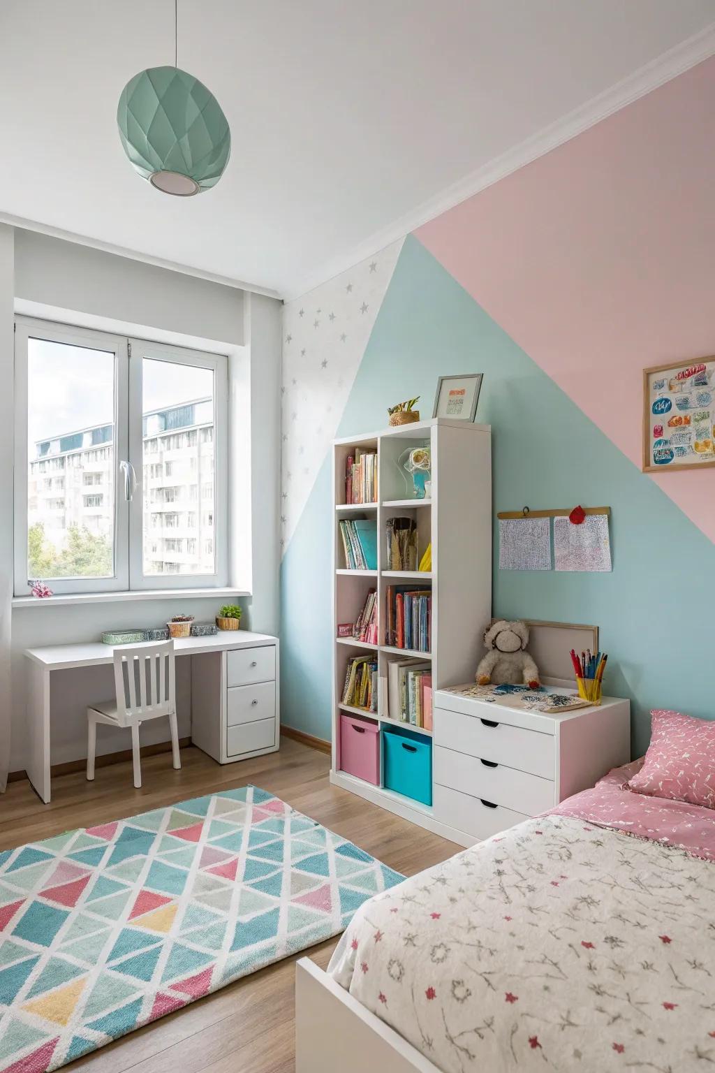 Two-tone shade walls define zones with balanced style.