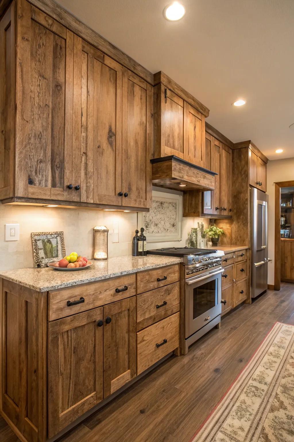 Reclaimed timber surfaces infuse texture and persona into your kitchen.