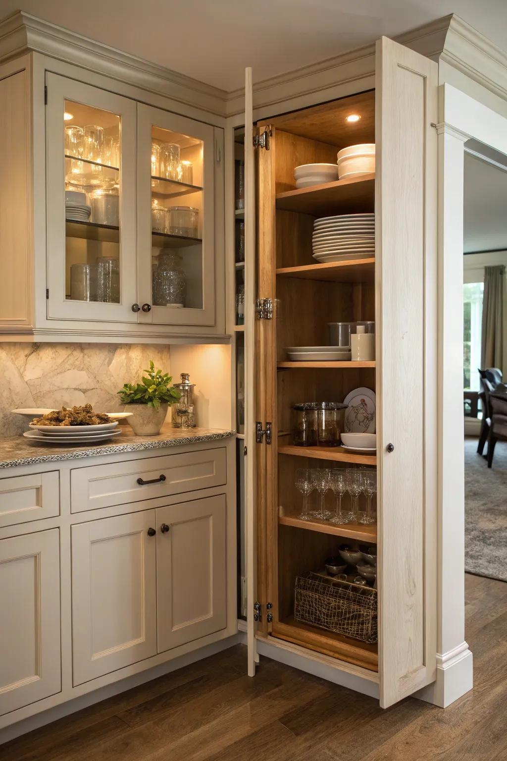 Folding doors enhance accessibility and style in kitchen corners.