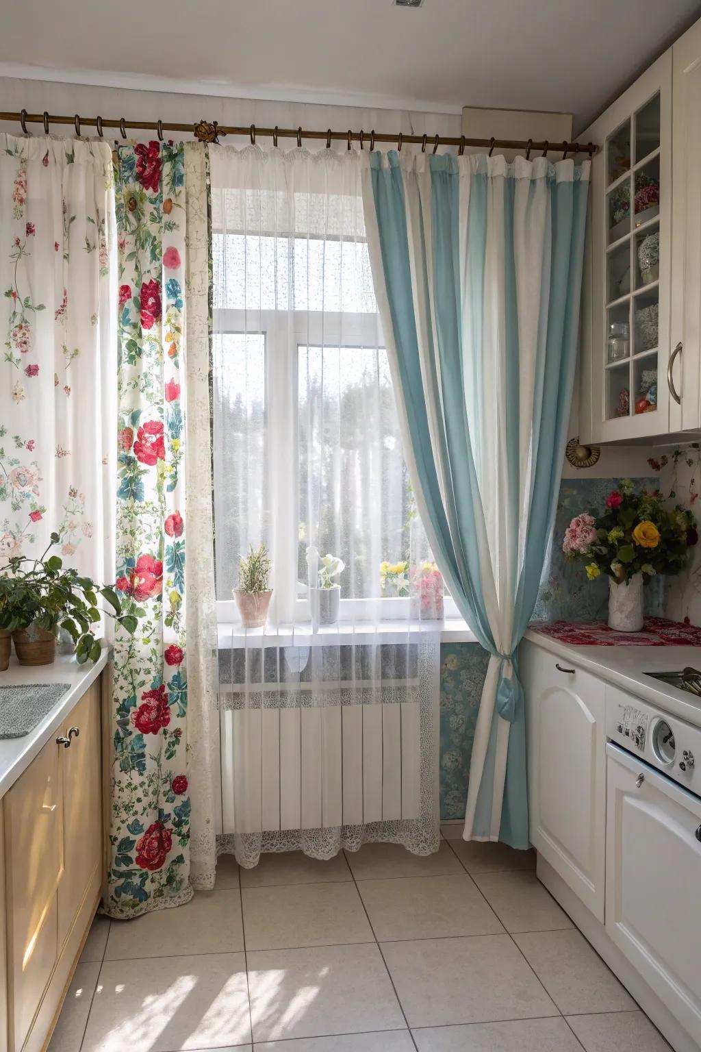 Amalgamate and harmonize window coverings for an audacious and eclectic kitchen design.